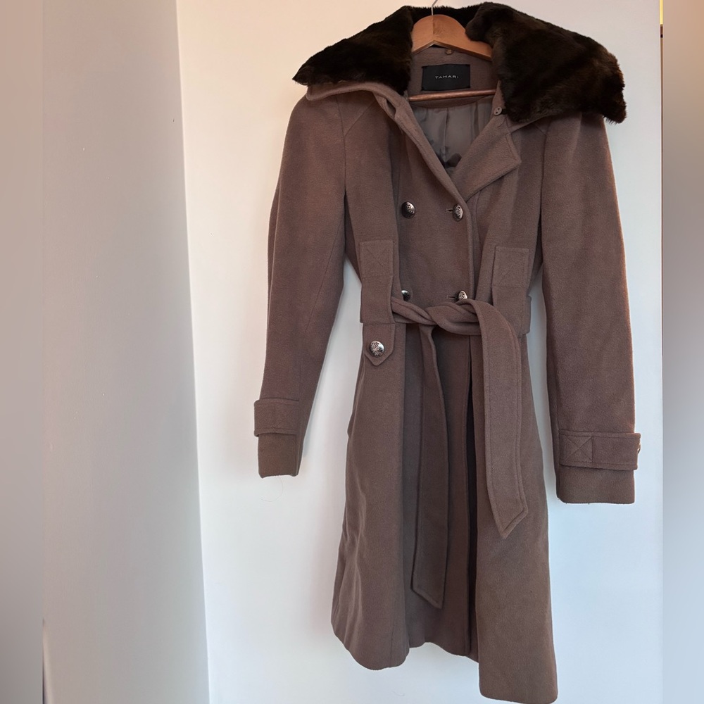 Tahari Double Breasted Peacoat with Faux Fur Collar